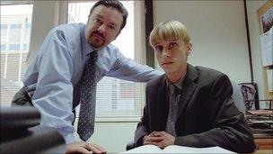 Ricky Gervais as David Brent and Mackenzie Crook as Gareth Keenan in The Office