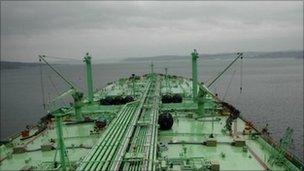 Former oil tanker, converted into floating oil terminal, off the coast of Murmansk in the Barents Sea