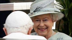 Queen Elizabeth II greeting Pope Benedict XVI