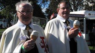 Two religious figures eating ice cream at Bellahouston Park