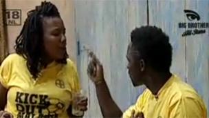 Lerato Sengadi (l) and Hannington Kuteesa (r) argue before the punch was thrown