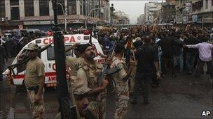 Pakistani paramilitary forces on alert in Karachi on 1 September 2010 after bombs targeted a Shia procession in Lahore.