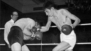 Johnny Owen (r) fighting Ireland's Paddy Maguire at the National Sporting Club, at London's Cafe Royal.