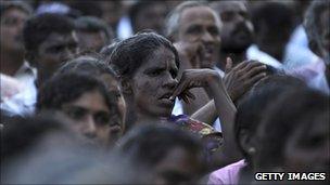 Tamil civilians in Kilinochchi (July 2010) during a visit by President Rajapaksa