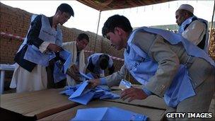 Election workers counting ballots in Kabul