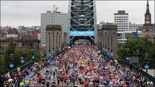 Runners crossing the Tyne Bridge in the Great North Run