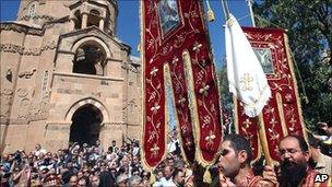 Several hundreds of Armenian Christians attend Mass at the church in Lake Van