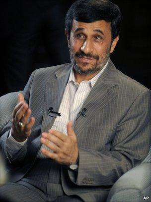 Iranian President Mahmoud Ahmadinejad is interviewed by journalists from the Associated Press in New York