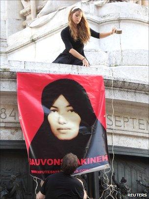 A rally against the death-by-stoning sentence of Iranian woman Sakineh Mohammadi Ashtiani in Paris on 12 September 2010