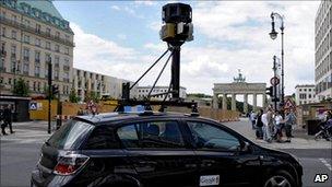 Google Street View car drives near the Brandenburg Gate in Berlin, Germany in July 2008