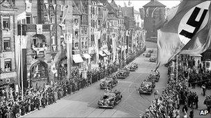 Adolf Hitler in procession in Nuremberg in 1938