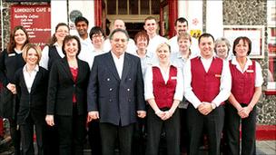 Louis Naudi with his staff outside the hotel in Porthmadog