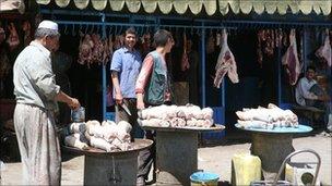 Butcher's shop at the Sangin bazaar