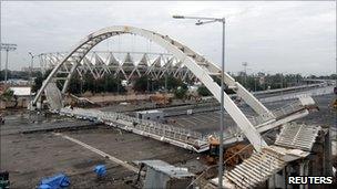 Collapsed pedestrian bridge outside the Jawaharlal Nehru Stadium in Delhi on 21 September 2010