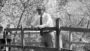 Christopher Milne, the son of AA Milne, on the bridge in Ashdown Forest