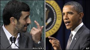 Composite image of Mahmoud Ahmadinejad (L) and Barack Obama (R)