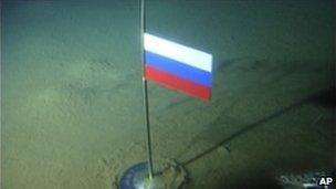 A titanium flag planted by the Mir-1 mini submarine on the Arctic Ocean seabed (2 August 2007)