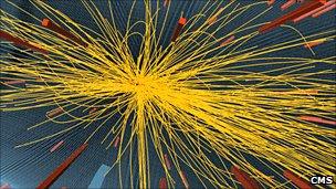 Image of a 7 TeV proton-proton collision in CMS producing more than 100 charged particles.