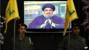 Hezbollah fighters stand guard as Hezbollah leader Hassan Nasrallah speaks through a video link in the occasion of Jerusalem Day in the southern suburb of Beirut, Lebanon, Friday, 3 September 2010