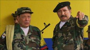 Farc military commander Jorge Briceno, aka Mono Jojoy (R) with the Farc's then leader Manuel Marulanda - 29 April 2000 file photo