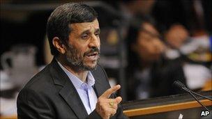 Mahmoud Ahmadinejad speaks at the UN General Assembly on 23 September 2010