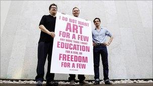 British artists Mark Wallinger, left, David Shrigley and Jeremy Deller, right, pose for the media as they launch a campaign to lobby against the Governments proposed 25 per cent cuts in arts funding, in London Friday, Sept. 10