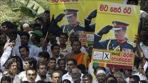 Supporters of Sarath Fonseka protesting in Colombo after his arrest in February (file photo)