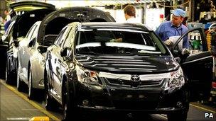 Toyota cars on an assembly line in Derbyshire