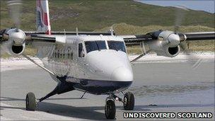 Aircraft on Barra's beach runway. Pic: Undiscovered Scotland