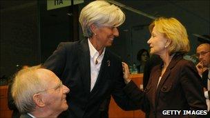 Finance ministers Wolfgang Schaeuble of Germany (right), Christine Lagarde of France (middle) and Elena Salgado of Spain
