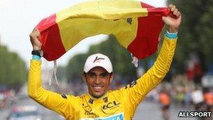 Alberto Contador celebrates his Tour victory in Paris on 25 July 2010