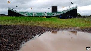 Standing water on the Celtic Manor deserted first green on Sunday morning