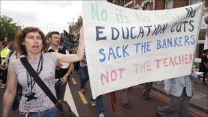 Staff and students from Lambeth College march through south London, on June 21, 2010, in protest against proposed cuts in the education service,