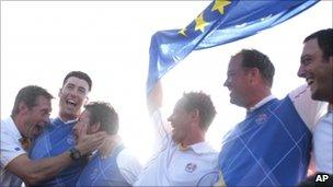 Europe players celebrate after winning the Ryder Cup