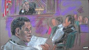 Courtroom sketch shows defendant Ahmad Khalfan Ghailani (L) at hearing New York, 6 October.