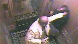 Saud Abdulaziz bin Nasser al Saud (L) with his servant Bandar Abdulaziz in an elevator in London"s Landmark hotel, captured on CCTV