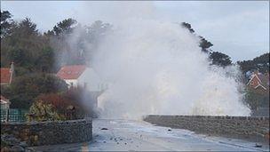 Waves hitting Guernsey's west coast