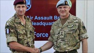 Brig James Chiswell MC (left) takes charge of Task Force Helmand in place of Brig Richard Felton OBE (right)