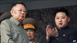 Kim Jong-il (L) and his son Kim Jong-un (R) on reviewing stand watching military parade in Pyongyang - 10 October 2010