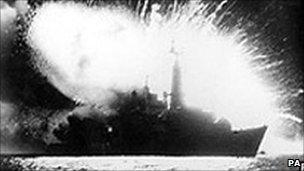 Explosion on board HMS Antelope which later sank