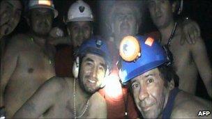 Trapped Chilean miners pose inside the San Jose Mine on September 17, 2010, near Copiapo, 800 km north of Santiago, Chile