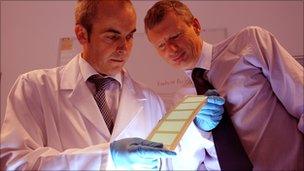 Kevin Bygate of Tata Steel (right) is shown an electroluminescent panel by Professor Dave Worsley