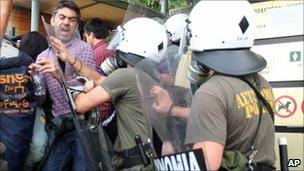 Riot police clash with protesters at the Acropolis in Athens, Greece (14 Oct 2010)