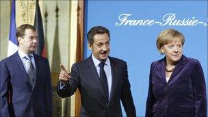 Dmitry Medvedev, Nicolas Sarkozy and Angela Merkel