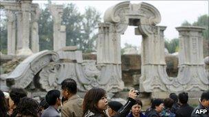 Visitors look at the Guanshuifa Fountain at the Old Summer Palace