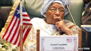 President Ellen Johnson-Sirleaf attends the opening session of the 2nd Arab-Africa summit in Sirte on 10 October 2010