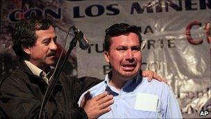 Edison Pena broke down during a ceremony honouring the miners (19 Oct)