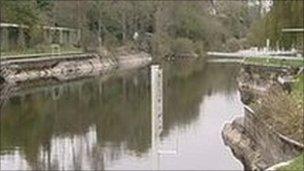 Henleaze Lake showing the diving board on the right