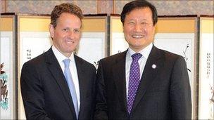 US Treasury Secretary Timothy Geither and South Korean Finance Minister Yoon Jeung-hyun