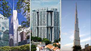 From left to right: The Bank of America Tower in New York, the Pinnacle @ Duxton in Singapore and the Burj Khalifa in Dubai